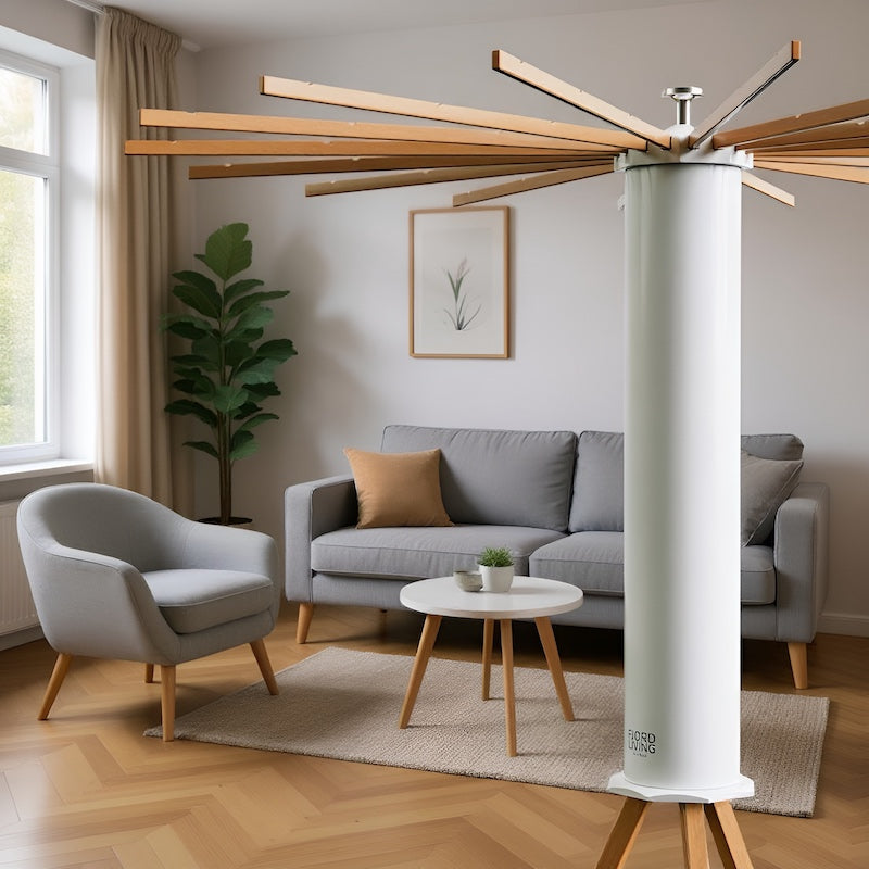 Het Fjordliving SmartRack droogrek in de woonkamer. Een interieurelement